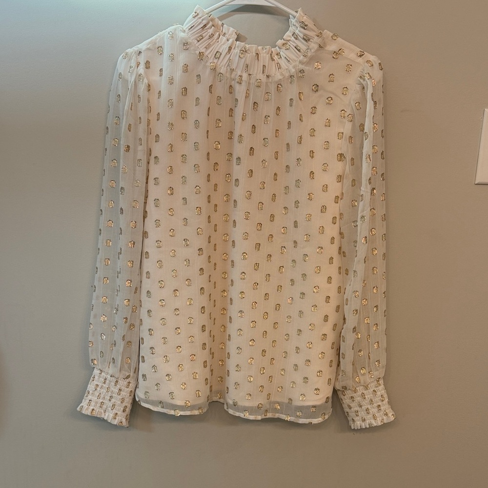 LOFT Sheer White Blouse with Gold Accents